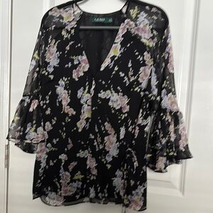LAUREN by Ralph Lauren blouse Floral Sheer Blouse with Bell Sleeves